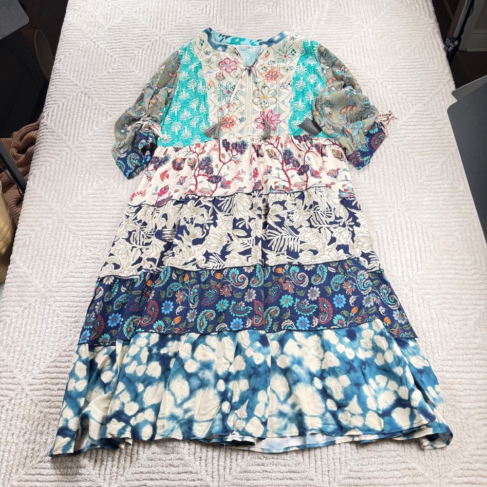 John Mark Patchwork Tiered Dress Women's XL Multi Color Boho Mixed Print NWt